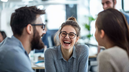 A vibrant team debating a decision in an open office space, laughing and smiling as they exchange ideas. The blurred background of office desks and windows adds to the modern and optimistic ambiance.の素材