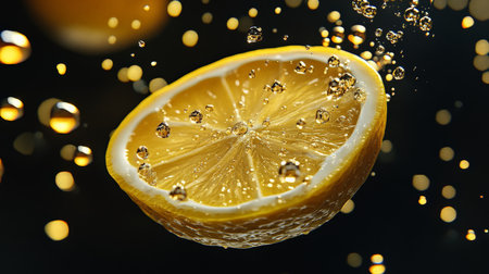 A luxurious lemon slice in mid-air, surrounded by droplets of golden liquid. Dramatic lighting casts bold shadows and highlights, making the black background pop and adding a sense of elegance and prestige to the image.の素材