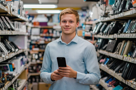 A young adult Caucasian businessman holding a smartphone in his hand, standing proudly in his bustling electronics store. The neatly organized shelves of gadgets reflect his business success and customer service focus.の素材