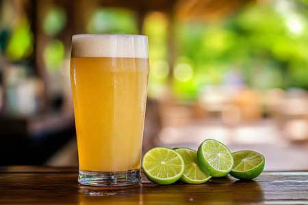 A chilled beer glass filled with a light wheat brew is accompanied by fresh lime slices on a wooden bar top. The setting evokes a tropical feel, perfect for a refreshing moment at a beachside bar.の素材