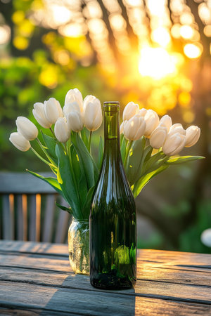 An inviting patio table showcasing a green wine bottle and a simple arrangement of white tulips. The warm sunset glow casts a golden hue, enhancing the peaceful ambiance of an evening gathering.の素材
