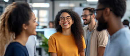 A diverse group of professionals in a brightly lit office, discussing a decision with cheerful expressions. Their animated gestures and laughter contrast with the blurred, minimalist background, creating a sense of focus and optimism.の素材