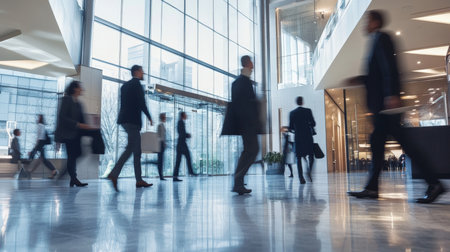 A busy office hallway with business people walking in different directions, their movements blurred to capture the fast-paced rush hour. The sleek, contemporary design of the office is visible but softly blurred, enhancing the sense of motion.の素材