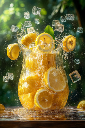 A close-up of a lemon juice jug, filled to the brim and surrounded by ice cubes, with splashes of water flying out. The wooden table beneath contrasts with the vibrant yellow juice, set against a lush garden backdrop.の素材