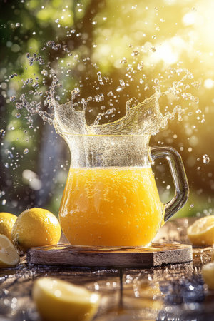 A glass jug of lemon juice with vibrant yellow color, sitting on a rustic wooden table. Water splashes erupt around it, with a bright and sunny garden background enhancing the refreshing scene.の素材