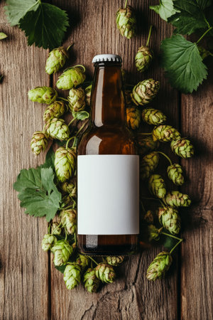 A brown beer bottle featuring a blank white label rests on a wooden surface, artfully wrapped in fresh hops and surrounded by brewing ingredients, celebrating the joy of craft brewing.の素材