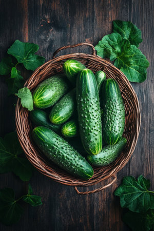 A basket filled with crisp organic cucumbers, surrounded by fresh green leaves, the dark wood background emphasizing the vibrant green tones of the cucumbers.の素材