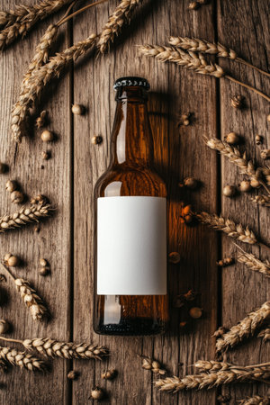 A brown beer bottle with a blank white label surrounded by vibrant hops and barley grains, displayed on a textured wooden background. The earthy tones and rustic elements evoke the spirit of craft brewing.の素材