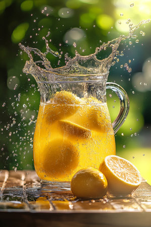 A glass jug of lemon juice with vibrant yellow color, sitting on a rustic wooden table. Water splashes erupt around it, with a bright and sunny garden background enhancing the refreshing scene.の素材