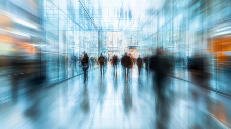 A bustling corporate corridor with professionals moving quickly, their figures blurred by motion. The sleek office background, filled with glass and clean lines, is softly blurred, emphasizing the fast-paced energy of the rush hour.の素材
