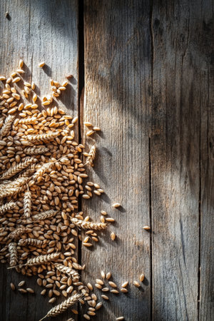 An artistic overhead view of a scattering of wheat grains on a weathered wooden surface. The play of light and shadow accentuates the natural textures, offering a serene and rustic feel that captures the essence of farm life.の素材