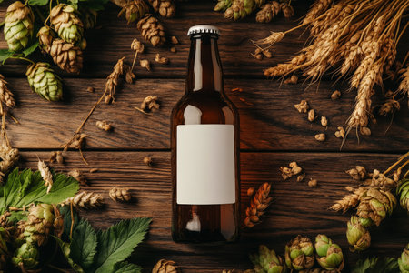 A brown beer bottle adorned with a blank white label, surrounded by freshly harvested hops and barley on a wooden table. The earthy colors and textures evoke a sense of craftsmanship and dedication to brewing.の素材