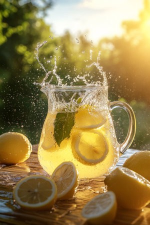 A vibrant jug of lemonade, positioned on a wooden table, with water splashing around it. The soft-focus natural background showcases a sunny garden, emphasizing the refreshing essence of the scene.の素材