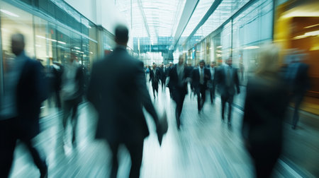 A bustling office corridor filled with business professionals walking briskly, their movement creating a blur of motion. The modern design of the hallway is visible, but the focus remains on the energetic rush hour atmosphere, with a blurred background.の素材