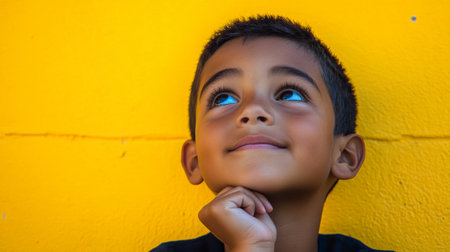 School-age Brazilian boy deep in thought with hand on chin against a yellow background.の素材