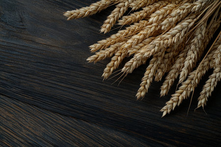 A beautiful close-up shot from above of wheat arranged neatly on a dark wooden table. The intricate details of each grain are visible, providing a stunning contrast to the deep, rich color of the wood, celebrating the beauty of nature.の素材
