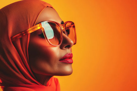 A middle-aged Arabian woman adorned with neon acrylic glasses and bold, exaggerated makeup. The studio's bright reflections create a stunning effect against a sleek orange background, highlighting her high-fashion aesthetic.の素材