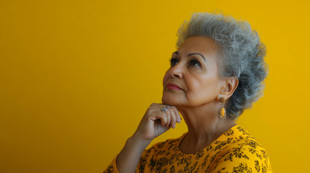 Senior Brazilian woman deep in thought with hand on chin against a yellow background.の素材