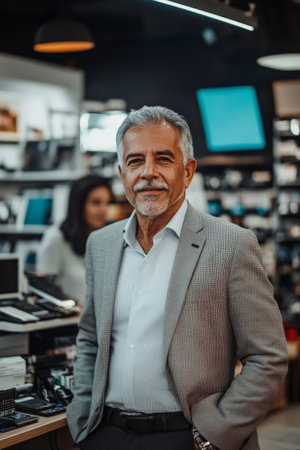 A senior Hispanic businessman standing confidently in his electronics store, surrounded by customers and tech products. His professional demeanor shows his expertise and passion for running a successful business.の素材