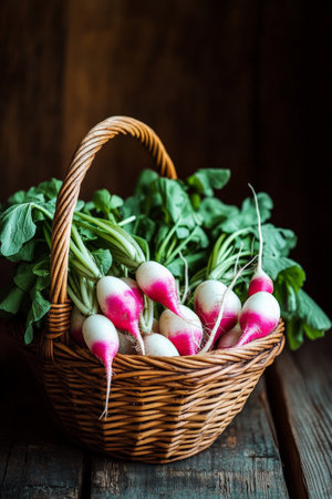 A basket full of organic radishes, their red and white skin gleaming against the dark wood background, with green leaves adding a fresh, natural touch.の素材