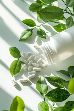 A white supplement bottle tipped over, releasing an array of gel capsules and tablets onto bright green leaves, surrounded by soft natural light. The image conveys a refreshing and revitalizing approach to health and wellness.の素材