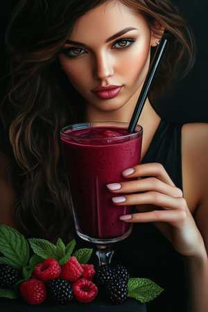 An elegant woman holding a glass filled with a berry smoothie, with fresh raspberries, blackberries, and mint leaves around her. The rich colors and textures create a visually stunning representation of healthy indulgence.の素材
