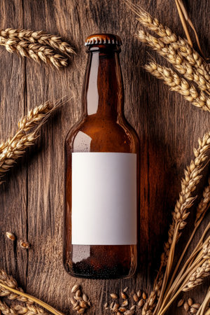 A brown beer bottle with a blank white label surrounded by vibrant hops and barley grains, displayed on a textured wooden background. The earthy tones and rustic elements evoke the spirit of craft brewing.の素材