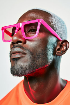 A middle-aged Black man sporting eye-catching neon acrylic glasses and bold makeup. The studio's bright reflections create a dynamic effect against a clean white background, emphasizing his sophisticated style.の素材