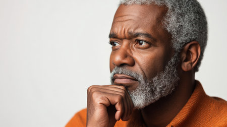 Senior African American man deep in thought with hand on chin against a white background.の素材