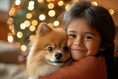 A cheerful preschooler of Hispanic descent, embracing a fluffy Pomeranian in a cozy living room decorated for Christmas. The twinkling lights add a festive touch to this heartwarming scene.の素材