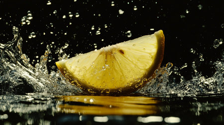 A vibrant lemon wedge floating above a pool of splashing liquor, illuminated by a spotlight that enhances the liquidÃ¢â¬â¢s sparkle. The bold contrast between the juice splash and the deep black background creates a sense of opulence.の素材
