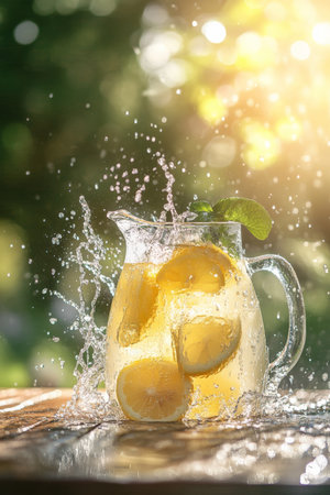 A vibrant jug of lemonade, positioned on a wooden table, with water splashing around it. The soft-focus natural background showcases a sunny garden, emphasizing the refreshing essence of the scene.の素材