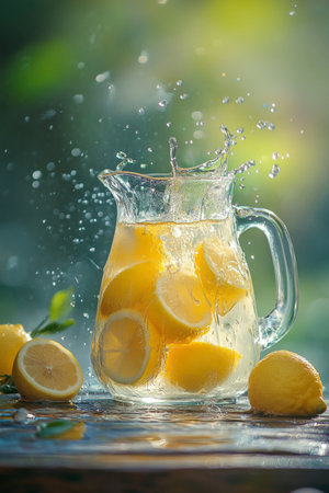 A beautifully arranged glass jug filled with chilled lemon juice, resting on a weathered wooden table. Water splashes dramatically around it, with a soft-focus natural setting in the background highlighting the freshness.の素材