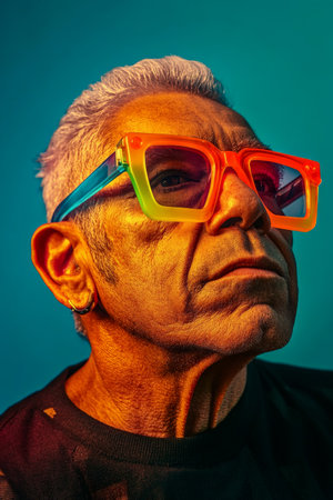 A senior Hispanic man adorned with colorful neon acrylic glasses and dramatic makeup. The bright reflections in the studio illuminate him against a soft blue background, creating an eye-catching fashion portrait.の素材