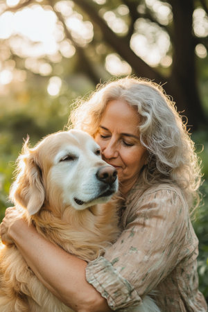 A middle-aged woman of Brazilian descent, lovingly hugging her fluffy golden retriever in a sun-drenched park. The lush greenery and soft sunlight enhance the heartwarming moment of connection.の素材