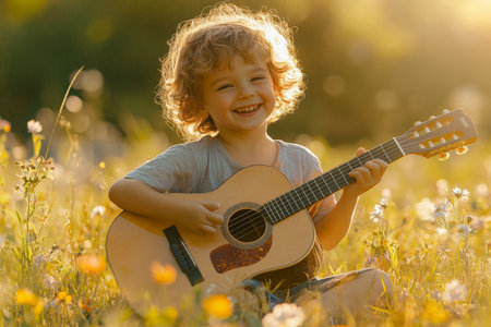 A joyful child sitting on a grassy field, strumming a guitar with a big smile, surrounded by wildflowers. The sunlight casts a warm glow, capturing the pure happiness of making music and enjoying nature.の素材