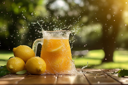 A refreshing jug of lemon juice on a wooden picnic table, with water droplets splashing around. The vibrant colors of lemons and greenery in the background create an inviting and fresh summer vibe.の素材