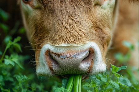 A charming close-up of a cow nibbling on sweet snap peas, showing its long eyelashes and wet nose. The vivid green of the peas contrasts with the cowÃ¢â¬â¢s warm fur, creating a heartwarming and lively agricultural scene.の素材