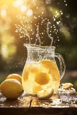 A beautifully arranged glass jug filled with chilled lemon juice, resting on a weathered wooden table. Water splashes dramatically around it, with a soft-focus natural setting in the background highlighting the freshness.の素材