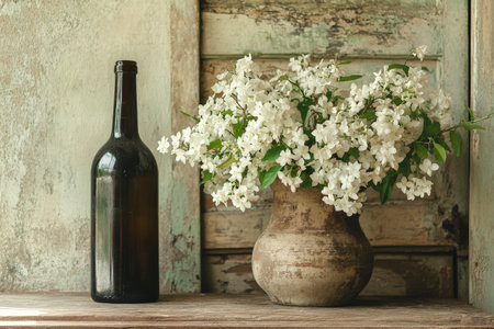 A vintage table showcasing an old wine bottle alongside fragrant white jasmine flowers in a rustic jar. The nostalgic setting evokes warmth and memories of cherished gatherings.の素材