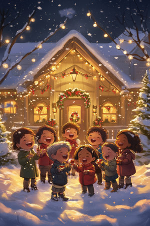 A group of children of diverse backgrounds singing Christmas carols in front of a beautifully lit house. Their faces are filled with joy and excitement as they celebrate the holiday spirit, with snow covering the ground around them.の素材