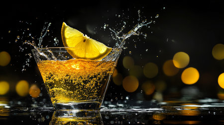 A vibrant lemon wedge floating above a pool of splashing liquor, illuminated by a spotlight that enhances the liquidÃ¢â¬â¢s sparkle. The bold contrast between the juice splash and the deep black background creates a sense of opulence.の素材