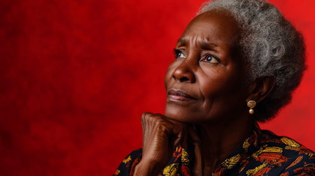 Senior Black woman deep in thought with hand on chin against a red background.の素材