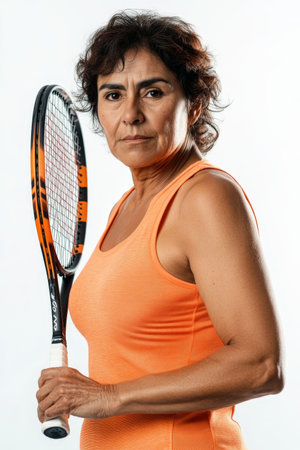 A middle-aged Hispanic woman focused on her tennis game, her stance poised and ready to strike. The simplicity of the white background enhances her athletic form and determination.の素材