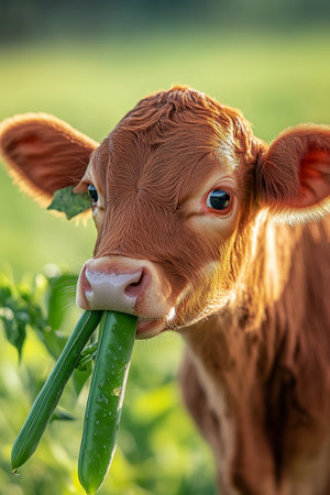 An adorable cow savoring snap peas, with water droplets glistening on the fresh vegetables. The close-up captures the texture of the peas and the cowÃ¢â¬â¢s gentle features, set against a blurred green background of a sunny farm.の素材