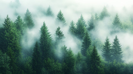 Lush pine trees standing tall amidst swirling fog, the green of the forest contrasting beautifully with the soft, white mist. The dense foliage appears almost untouched, creating a calm and mystical ambiance in the heart of nature.の素材