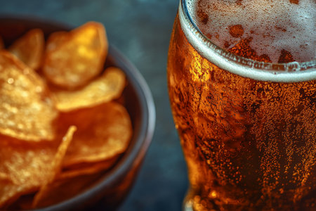 A close-up of a frosty beer glass filled with a rich amber brew, accompanied by a bowl of crispy chips. The condensation on the glass highlights the refreshing qualities of the drink, perfect for an evening snack.の素材