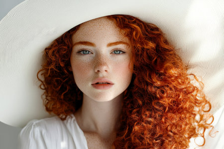 A young woman with red curly hair, wearing a large white hat, poses gracefully against a white backdrop. The brim of the hat casts soft shadows on her freckled face, creating a harmonious and peaceful composition.の素材