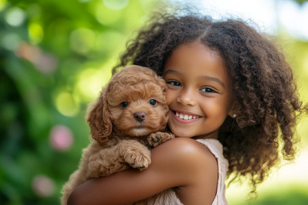 A school-age African American girl joyfully hugging a small brown puppy in a vibrant park. The lush greenery around them and the bright blue sky add to the heartwarming scene of companionship.の素材