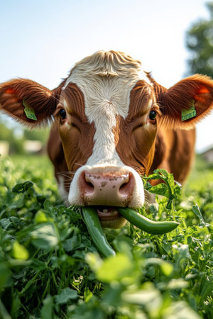 A delightful close-up of a cow happily eating snap peas, with a few peas falling to the ground. The scene captures the essence of farm life, highlighting the fresh, organic vegetables and the cowÃ¢â¬â¢s playful demeanor in a sunny field.の素材